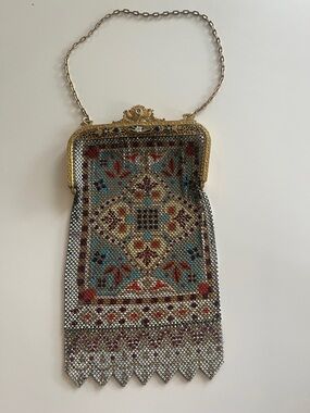 Antique 1920s Gold Mesh Evening Bag with Turquoise and Red Pattern